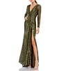 Color:Olive - Image 1 - Ieena for Mac Duggal Long Sleeve Deep Surplice V-Neck Sequin Thigh High Slit Gown