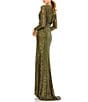 Mac Duggal Ieena for Mac Duggal Long Sleeve Deep Surplice V-Neck Sequin Thigh High Slit Gown, Color:Olive - Image 2