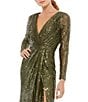 Mac Duggal Ieena for Mac Duggal Long Sleeve Deep Surplice V-Neck Sequin Thigh High Slit Gown, Color:Olive - Image 3