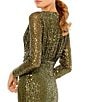 Mac Duggal Ieena for Mac Duggal Long Sleeve Deep Surplice V-Neck Sequin Thigh High Slit Gown, Color:Olive - Image 4