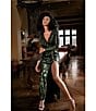 Mac Duggal Ieena for Mac Duggal Long Sleeve Deep Surplice V-Neck Sequin Thigh High Slit Gown, Color:Olive - Image 6