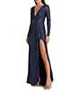 Mac Duggal Ieena for Mac Duggal Long Sleeve Deep Surplice V-Neck Sequin Thigh High Slit Gown, Color:Midnight - Image 1