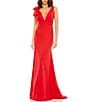 Color:Red - Image 1 - Ieena for Mac Duggal Plunging V-Neck Bow Shoulder Sleeveless Low Back Detail Sheath Gown