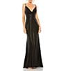 Mac Duggal Ieena for Mac Duggal Plunging Surplice V-Neck Sleeveless Open Back Detail Sheath Gown, Color:Black - Image 1