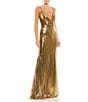 Color:Bronze - Image 1 - Ieena for Mac Duggal Plunging Surplice V-Neck Sleeveless Open Back Detail Sheath Gown