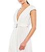 Color:White - Image 3 - Ieena for Mac Duggal Deep V-Neck Cap Sleeve Belted Pleated A-Line Midi Dress