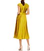 Color:Chartreuse - Image 2 - Ieena for Mac Duggal Deep V-Neck Cap Sleeve Belted Pleated A-Line Midi Dress