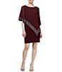 Color:Fig - Image 1 - 3/4 Sleeve Foil Trim Chiffon Asymmetrical Overlay Dress
