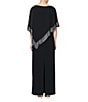 Color:Black Silver - Image 2 - Asymmetrical 3/4 Capelet Cold Shoulder Sleeve Round Neck Metallic Trim Popover Dress