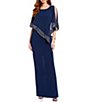 Color:Deep Navy - Image 1 - Asymmetrical 3/4 Capelet Cold Shoulder Sleeve Jewel Neck Metallic Trim Popover Dress