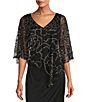 Color:Black/Rose Gold - Image 3 - 3/4 Sleeve Asymmetrical Glitter Mesh Capelet V-Neck Jersey Gown