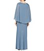 Color:Steel Blue - Image 2 - Beaded Shoulder Chiffon Popover Crew Neck 3/4 Capelet Sleeve Ruched Thigh High Slit Gown