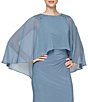 Color:Steel Blue - Image 3 - Beaded Shoulder Chiffon Popover Crew Neck 3/4 Capelet Sleeve Ruched Thigh High Slit Gown