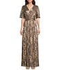 Ignite Evenings Bodre Surplice Neck Flutter Sleeve Foil Floral A-Line Gown, Color:Smoke/Gold - Image 1