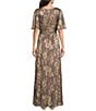 Ignite Evenings Bodre Surplice Neck Flutter Sleeve Foil Floral A-Line Gown, Color:Smoke/Gold - Image 2