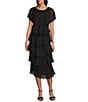 Ignite Evenings Cap Sleeve Crew Neck Beaded Trim Detail Chiffon Tiered Dress, Color:Black - Image 1