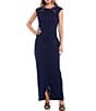 Color:Navy - Image 1 - Round Neck Cap Sleeve Embellished Wrap Side Ruffled Gown