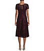 Color:Fig - Image 2 - Round Neck Short Sleeve Sequin Lace Midi Dress