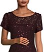 Color:Fig - Image 3 - Round Neck Short Sleeve Sequin Lace Midi Dress
