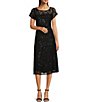 Color:Black - Image 1 - Round Neck Short Sleeve Sequin Lace Midi Dress