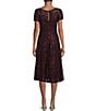 Color:Fig - Image 2 - Round Neck Short Sleeve Sequin Lace Midi Dress