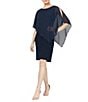 Color:New Navy - Image 1 - Chiffon Asymmetric Overlay 3/4 Sleeve Beaded Shoulder Detail Round Neck Sheath Dress