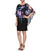 Color:Black Multi - Image 1 - Chiffon Floral Print Asymmetrical Overlay Round Neck Short Sleeve Capelet Dress