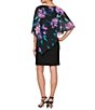 Color:Black Multi - Image 2 - Chiffon Floral Print Asymmetrical Overlay Round Neck Short Sleeve Capelet Dress