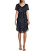 Ignite Evenings Chiffon Metallic Print V-Neck Short Sleeve Tiered Caplet Dress, Color:Navy/Gold - Image 1