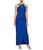 Color:Cobalt - Image 1 - Embellished Halter Neck Sleeveless Ruched Side Cascade Ruffle Gown