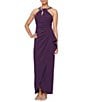 Color:Summer Plum - Image 1 - Embellished Halter Neck Sleeveless Ruched Side Cascade Ruffle Gown