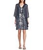 Ignite Evenings Floral Foil Print Chiffon V-Neck Sleeveless A-Line Dress With Removable Cascade Chiffon Jacket, Color:Steel - Image 1