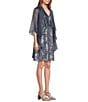 Ignite Evenings Floral Foil Print Chiffon V-Neck Sleeveless A-Line Dress With Removable Cascade Chiffon Jacket, Color:Steel - Image 3