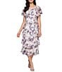 Ignite Evenings Floral Print Chiffon Scoop Neck Capelet Short Sleeve Tiered Midi Dress - Image 1