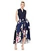 Color:Navy Multi - Image 5 - Floral Print Mikado Tie Waist V-Neck Sleeveless High-Low Midi Dress