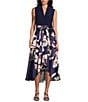 Color:Navy Multi - Image 1 - Floral Print Mikado Tie Waist V-Neck Sleeveless High-Low Midi Dress