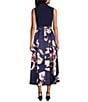 Color:Navy Multi - Image 2 - Floral Print Mikado Tie Waist V-Neck Sleeveless High-Low Midi Dress