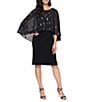 Ignite Evenings Foil Print Chiffon Capelet Overlay Matte Jersey Sheath Dress, Color:Black/Silver - Image 1