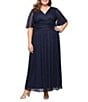 Ignite Evenings Glitter Mesh Surplice Neck Short Flutter Sleeve Ruched Waist A-Line Gown, Color:Navy - Image 1