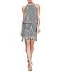 Color:Silver - Image 1 - Halter Chain Neck Sleeveless Crochet Fringe Hem Metallic Blouson Slip Dress