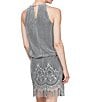 Color:Silver - Image 4 - Halter Chain Neck Sleeveless Crochet Fringe Hem Metallic Blouson Dress