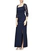 Color:Navy - Image 1 - Lace 3/4 Sleeve Square Neck Illusion Keyhole Back Stretch Crepe Gown