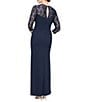 Color:Navy - Image 2 - Lace 3/4 Sleeve Square Neck Illusion Keyhole Back Stretch Crepe Gown