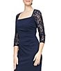 Color:Navy - Image 3 - Lace 3/4 Sleeve Square Neck Illusion Keyhole Back Stretch Crepe Gown
