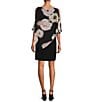 Color:Black Multi - Image 2 - Floral Print Jewel Neck Short Cape Sleeve Chiffon Overlay Sheath Dress