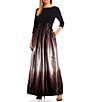Color:Black/Silver - Image 1 - Ombre Satin Boat Neck 3/4 Sleeve Tie Waist Pocketed Ball Gown