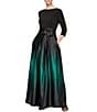 Color:Black/Green - Image 1 - Ombre Satin Boat Neck 3/4 Sleeve Tie Waist Pocketed Ball Gown