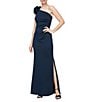 Color:Navy - Image 1 - One Shoulder Flower Detail Ruched Waist Side Slit Sheath Maxi Dress