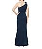 Color:Navy - Image 2 - One Shoulder Flower Detail Ruched Waist Side Slit Sheath Maxi Dress