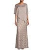Color:Buff - Image 1 - Petite Size 3/4 Sleeve Round Neck Sequin Lace Overlay Sheath Gown